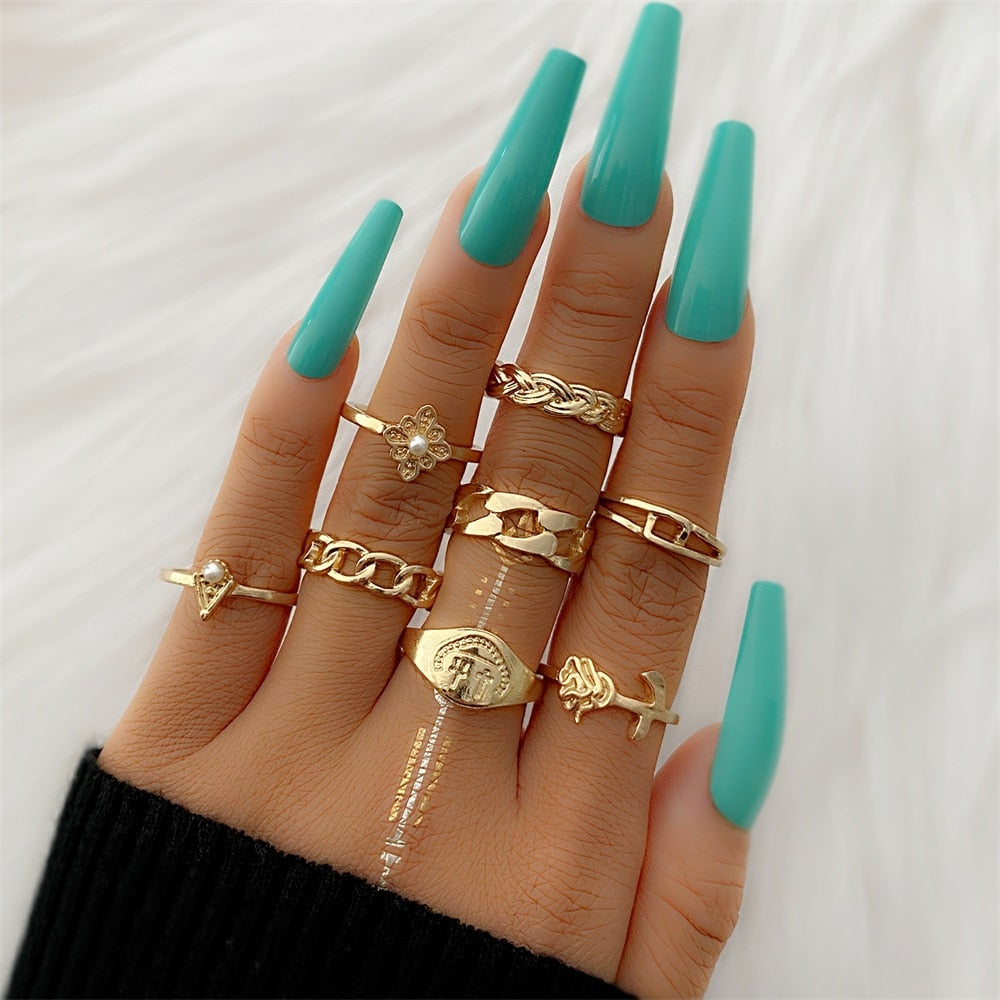 FNIO Bohemian Gold Color Chain Rings Set