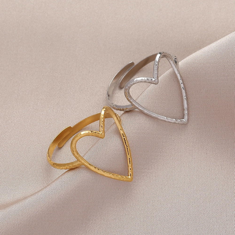 DIEYURO 316L Stainless Steel 2 Colours Love Heart Hollow Ring