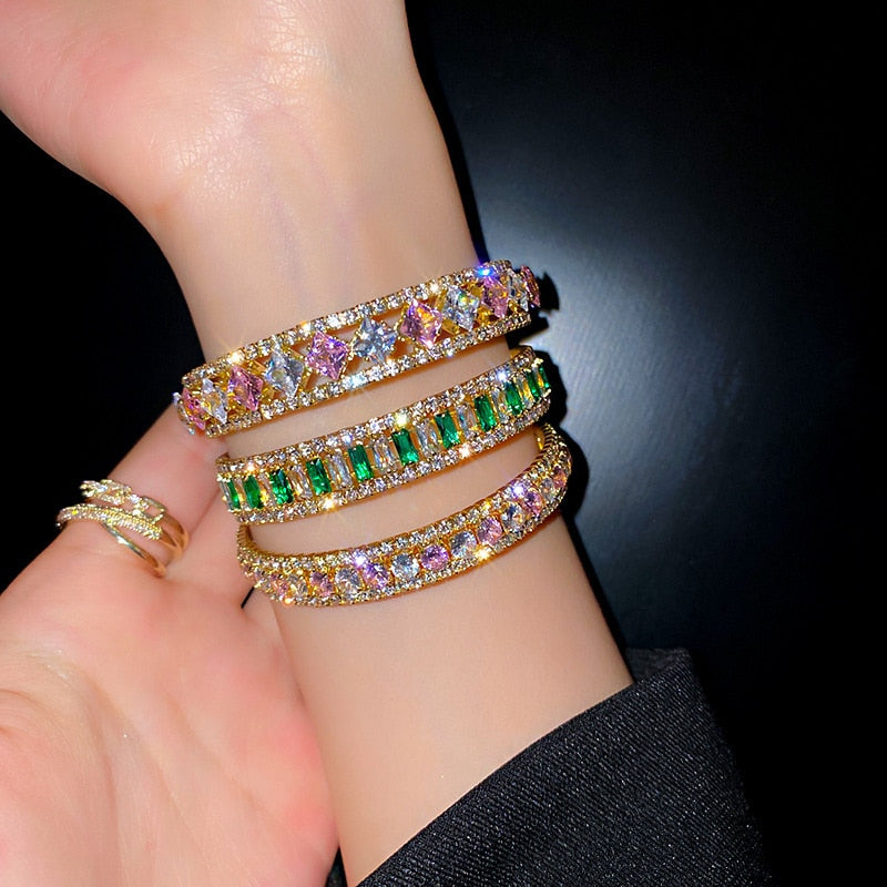 Geometric Zircon Bangles For Women Pink Green Crystal Cuff Bracelets