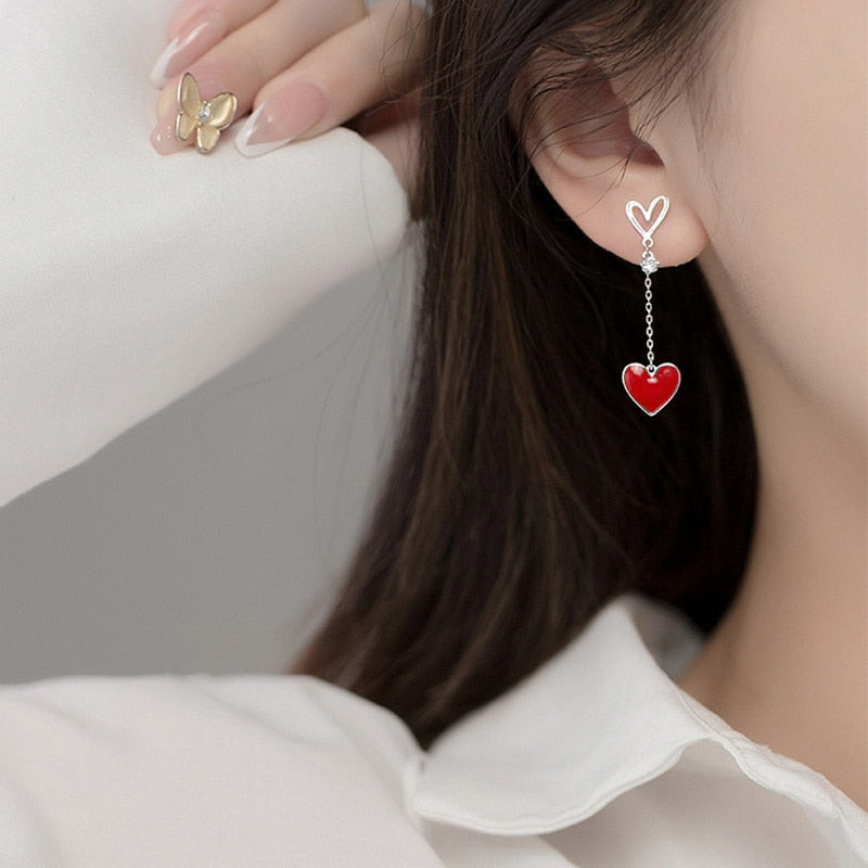 Asymmetric Heart Stud Hollow ECG Tassel Zircon Pearl Earrings