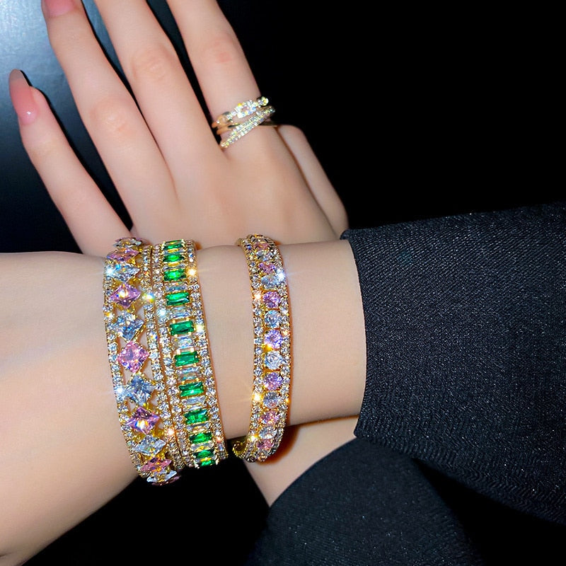 Geometric Zircon Bangles For Women Pink Green Crystal Cuff Bracelets