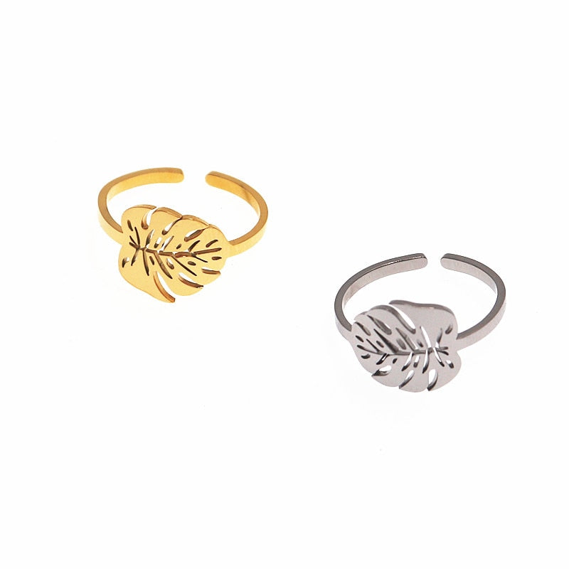 Tropical Leaf Gold Palm Leaf Stainless Steel Rings