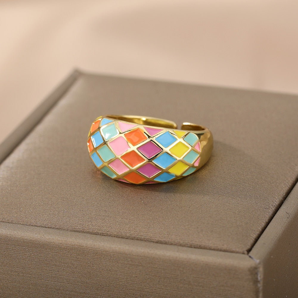 Colorful Enamel Adjustable Open Stainless Steel Ring