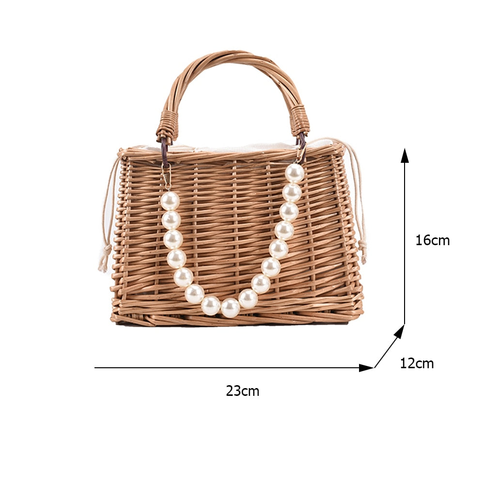 Straw Rattan Handmade Pearl Beads Tote Bag