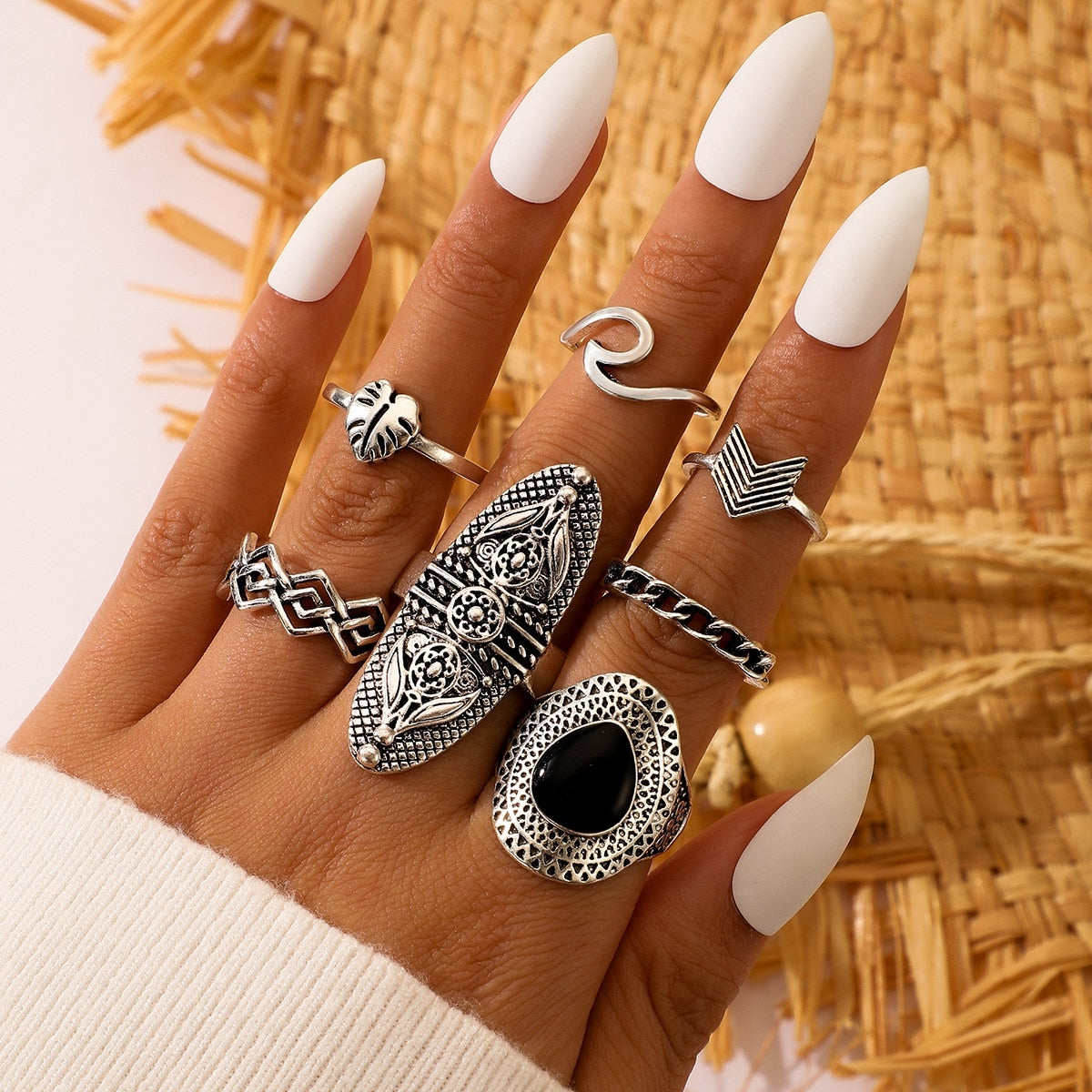 14 Pcs/Set Neo-Gothic Mixed Feather Elephant Star Moon Sun Ring