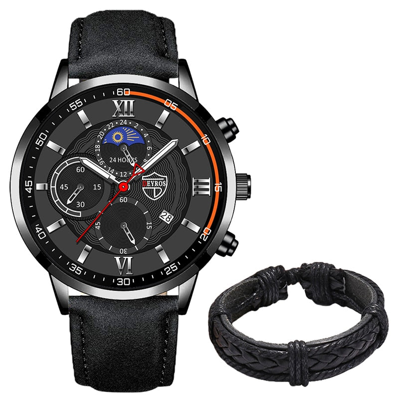 Luxury Black Leather Bracelet Men Casual Luminous Clock Watch