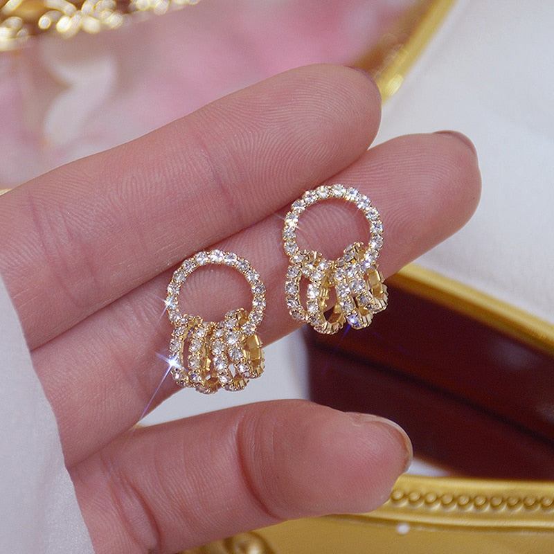 Korea Flower Crystal Temperament Geometric Shiny Zircon Earrings