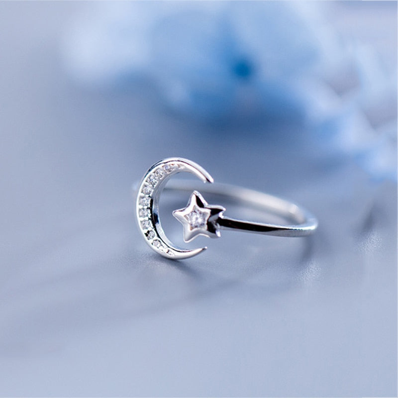Real 925 Sterling Silver Minimalist Zircon Moon Star Opening Ring