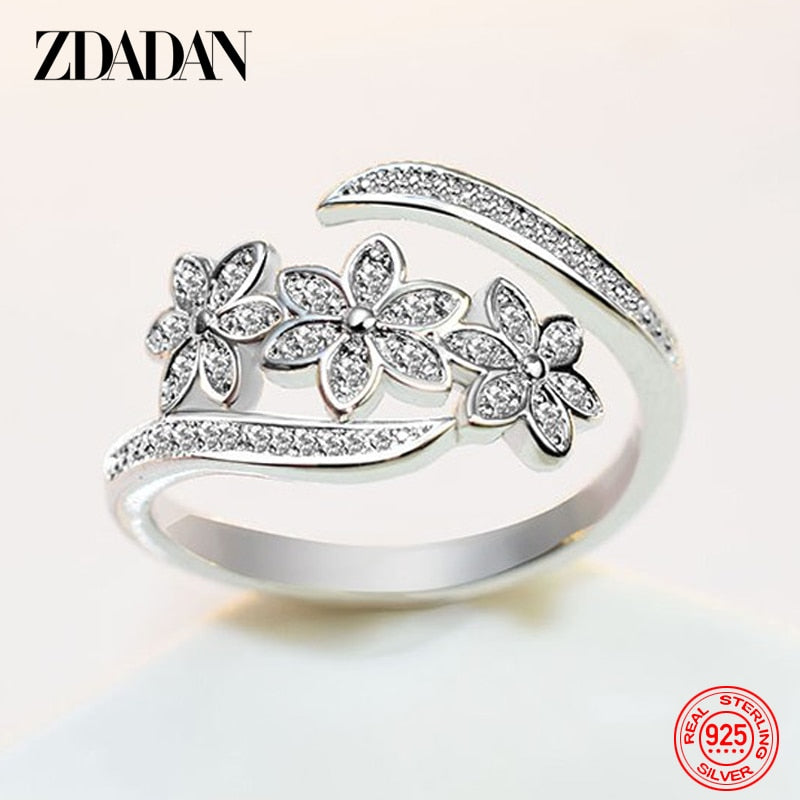 925 Sterling Silver Fashion Adjustable Open CZ Flowers Ring