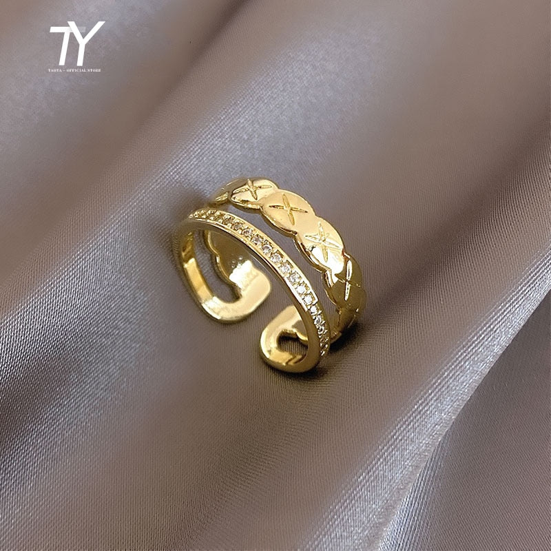 Luxury Zircon Gold Color Double Student Open Rings