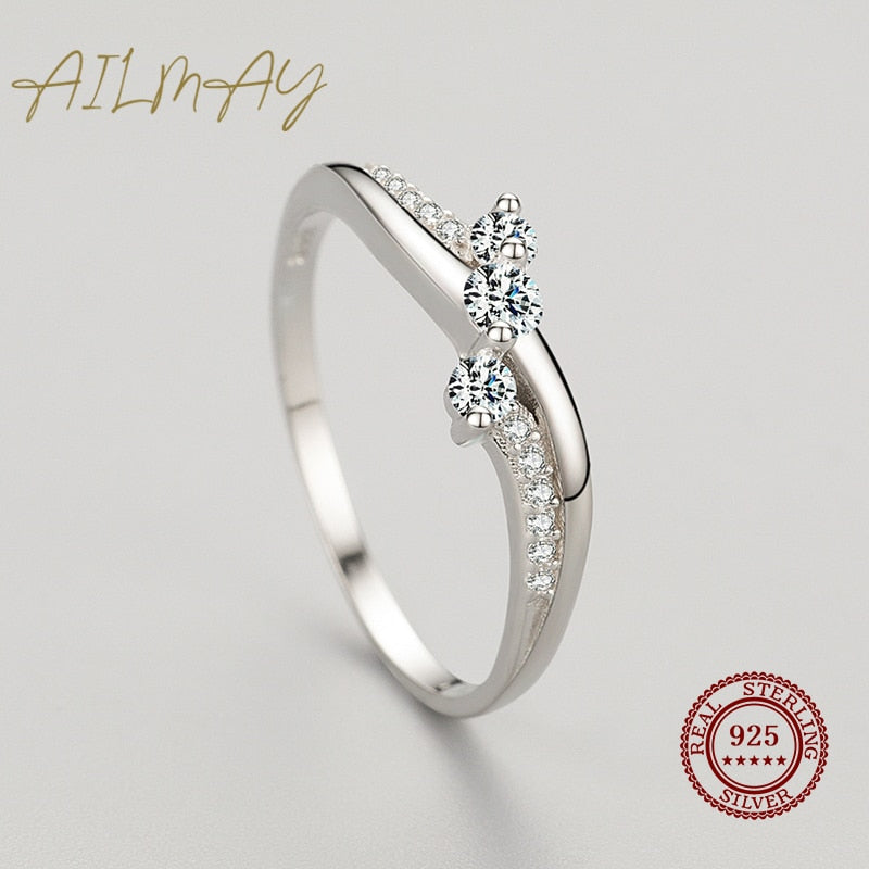 Ailmay Real 925 Sterling Silver Sparkling Cubic Zirconia Wave Shape Ring