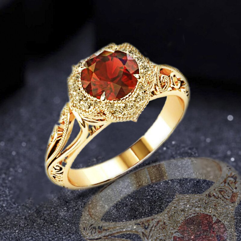 Luxury 3 Colors Fashion Inlaid Engraved Red Zirconia Pattern Hollow Ring