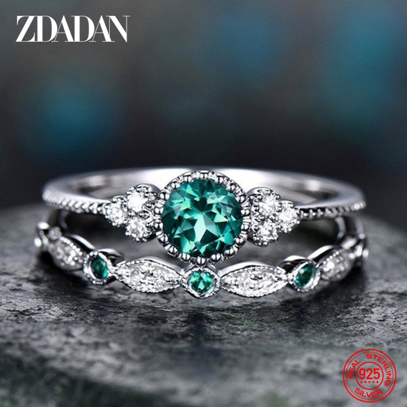 ZDADAN 925 Sterling Silver Emerald Zircon Charm Blue Gemstone Ring