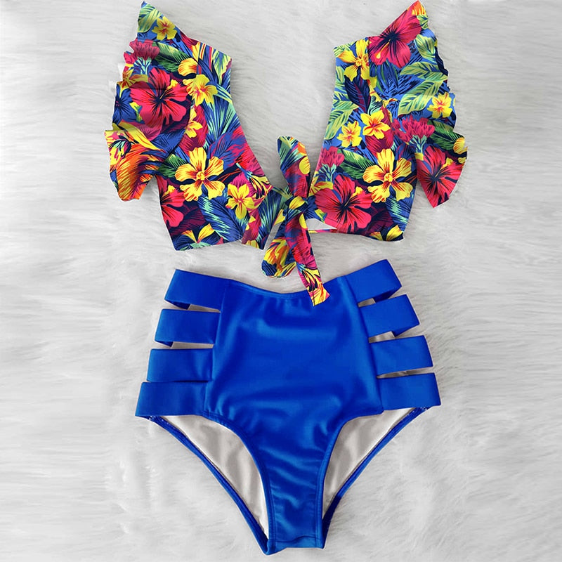 Floral Beachwear V-Neck High Waist Ruffled Sexy Bikini Set