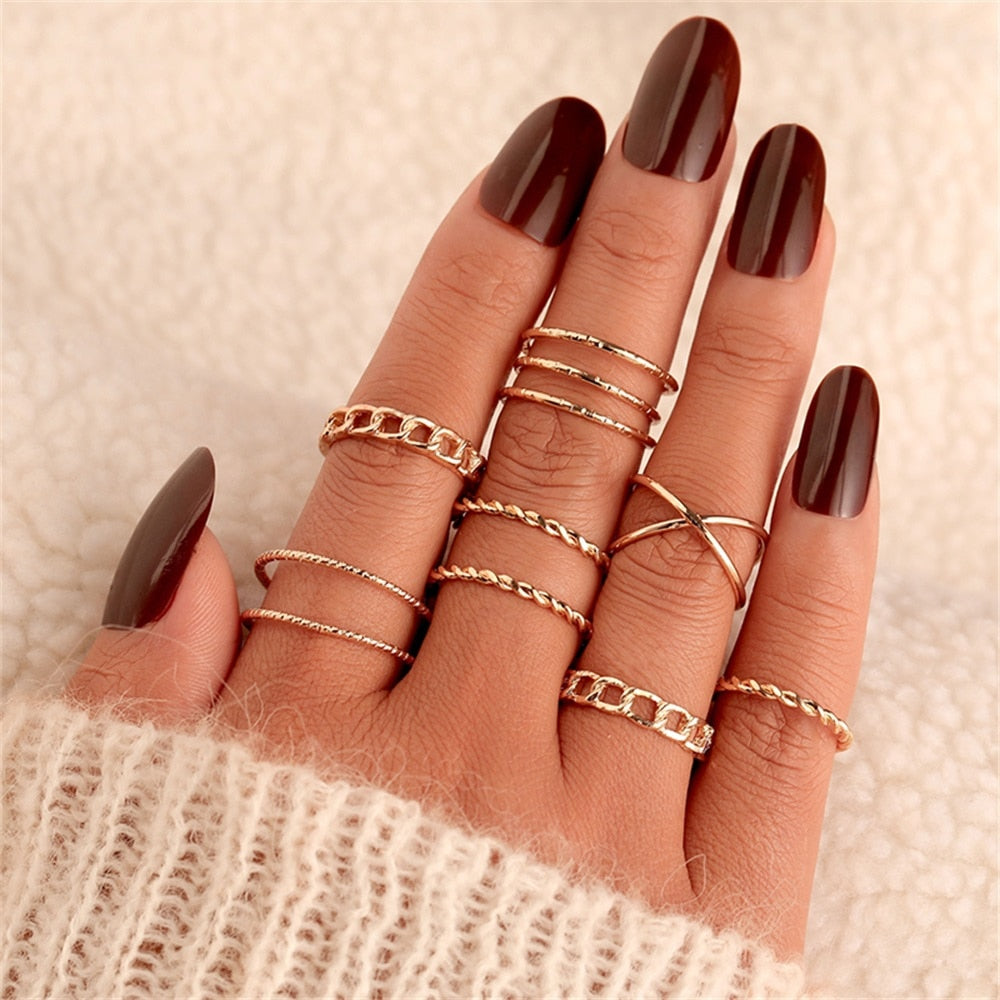 FNIO Bohemian Gold Color Chain Rings Set