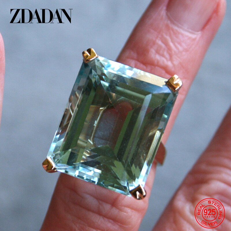 ZDADAN 925 Sterling Silver Aquamarine Gemstone Ring