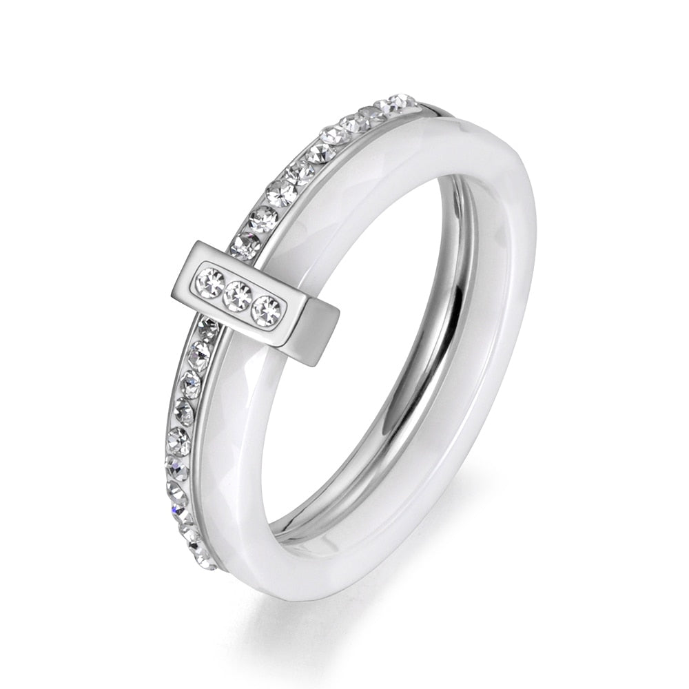 Black/White Ceramic Crystal Stainless Steel Wedding Ring