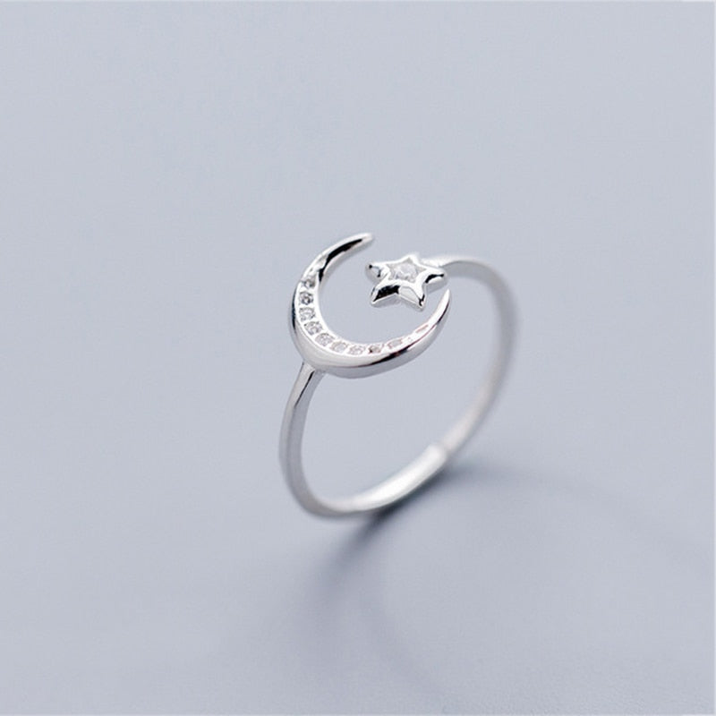 Real 925 Sterling Silver Minimalist Zircon Moon Star Opening Ring