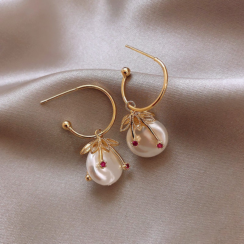 Trendy Moon Dangle Pearl Cherry Cat Rhinestone Earring
