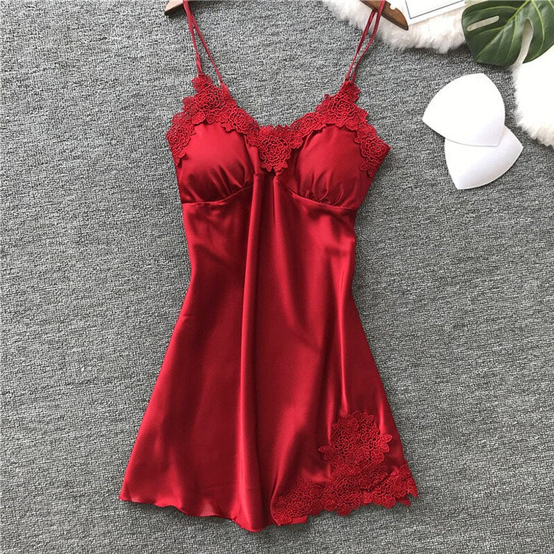 Women Nightgowns Satin Lace Sexy Lingerie Summer V-neck Sleeveless Night Dress Sleepwear Dress Chest Pad Nightgown