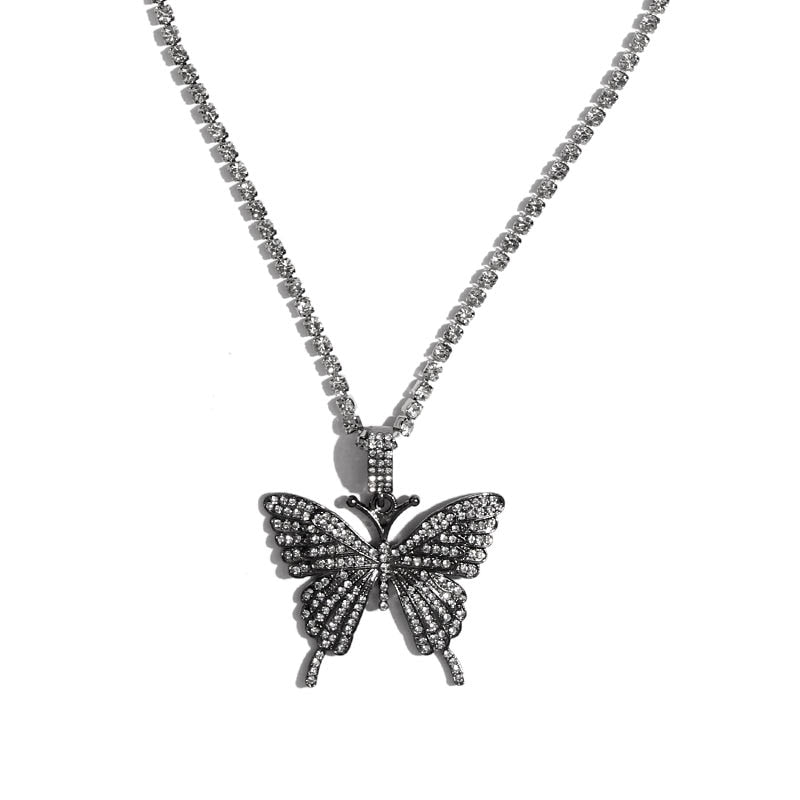 Gold Silver Color Butterfly Pendant Necklace Female Shiny Crystal Clavicle Chain Necklace