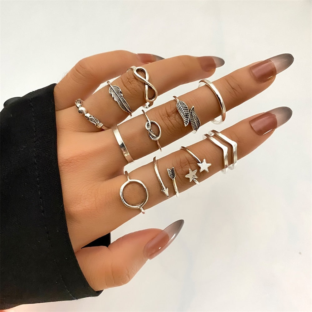FNIO Bohemian Gold Color Chain Rings Set