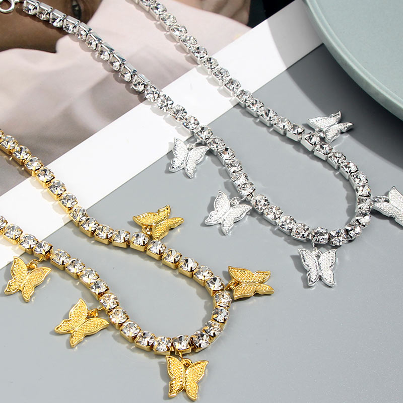 Gold Silver Color Butterfly Pendant Necklace Female Shiny Crystal Clavicle Chain Necklace