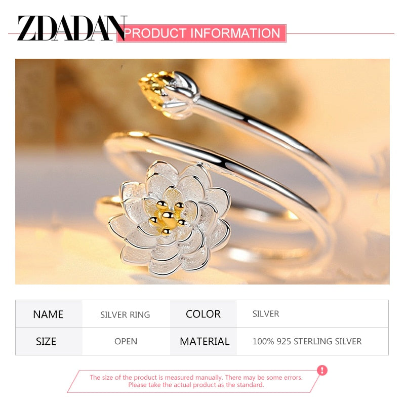 ZDADAN 925 Sterling Silver Charm Lotus Ring