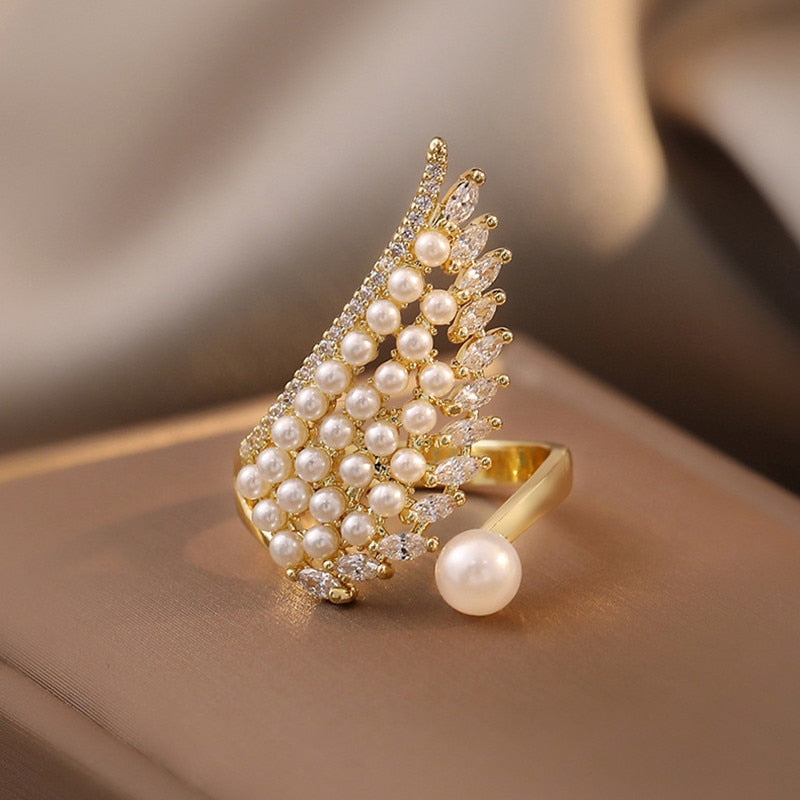Luxury pearl zircon opening adjustable ring