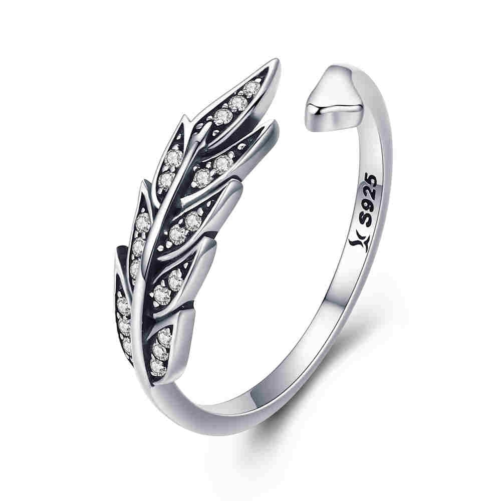 BAMOER 925 Sterling Silver Feather Wings Adjustable Finger Ring