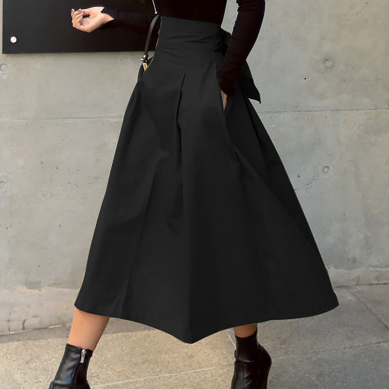 Korean Fashion Solid Color Big Swing Women High Waist Bow Slim Skirt