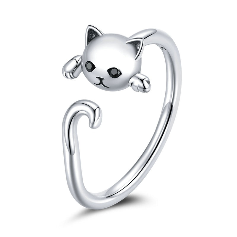 BAMOER 925 Sterling Silver Sticky Cat with Long Tail Finger Ring