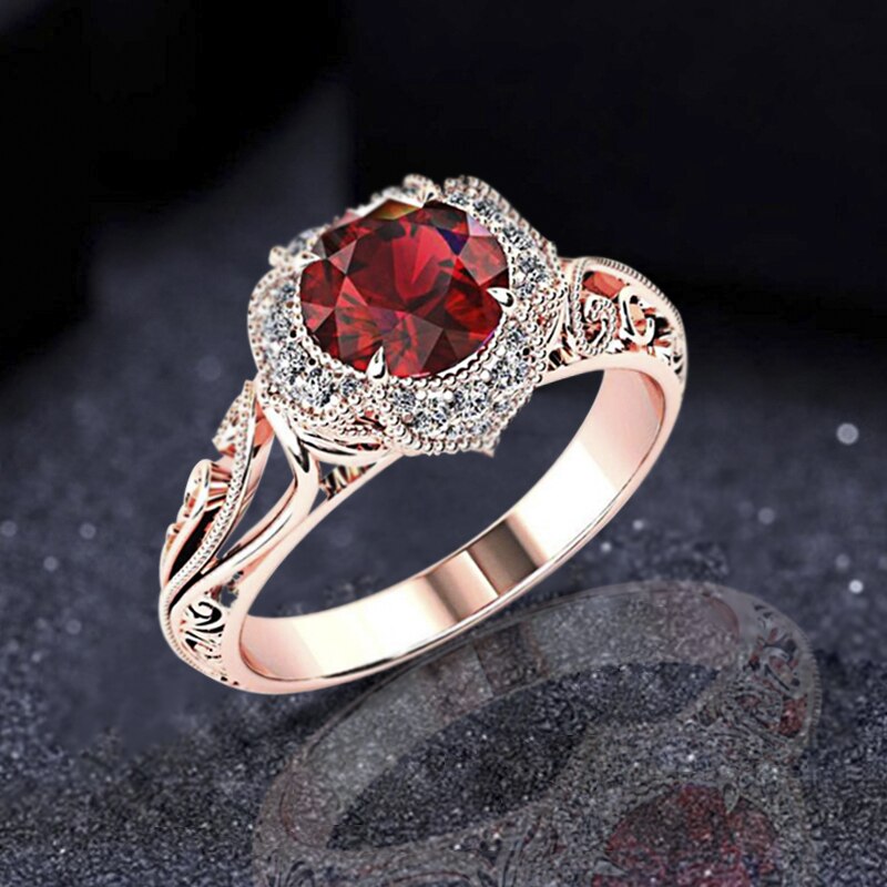 Luxury 3 Colors Fashion Inlaid Engraved Red Zirconia Pattern Hollow Ring