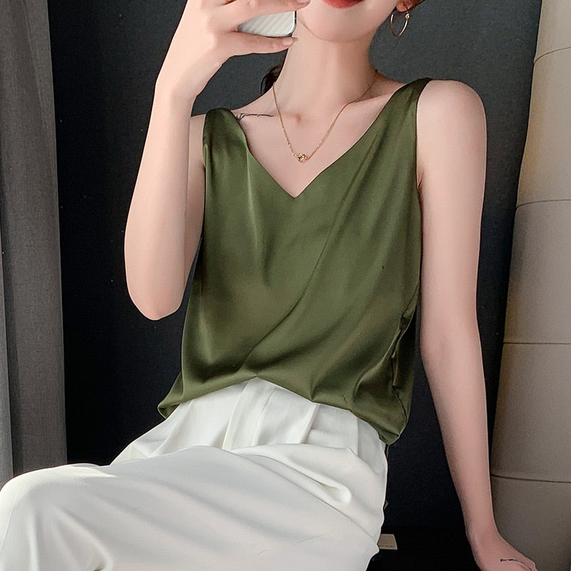 Strap Top Halter V Neck Sleeveless Satin Silk Tank Top