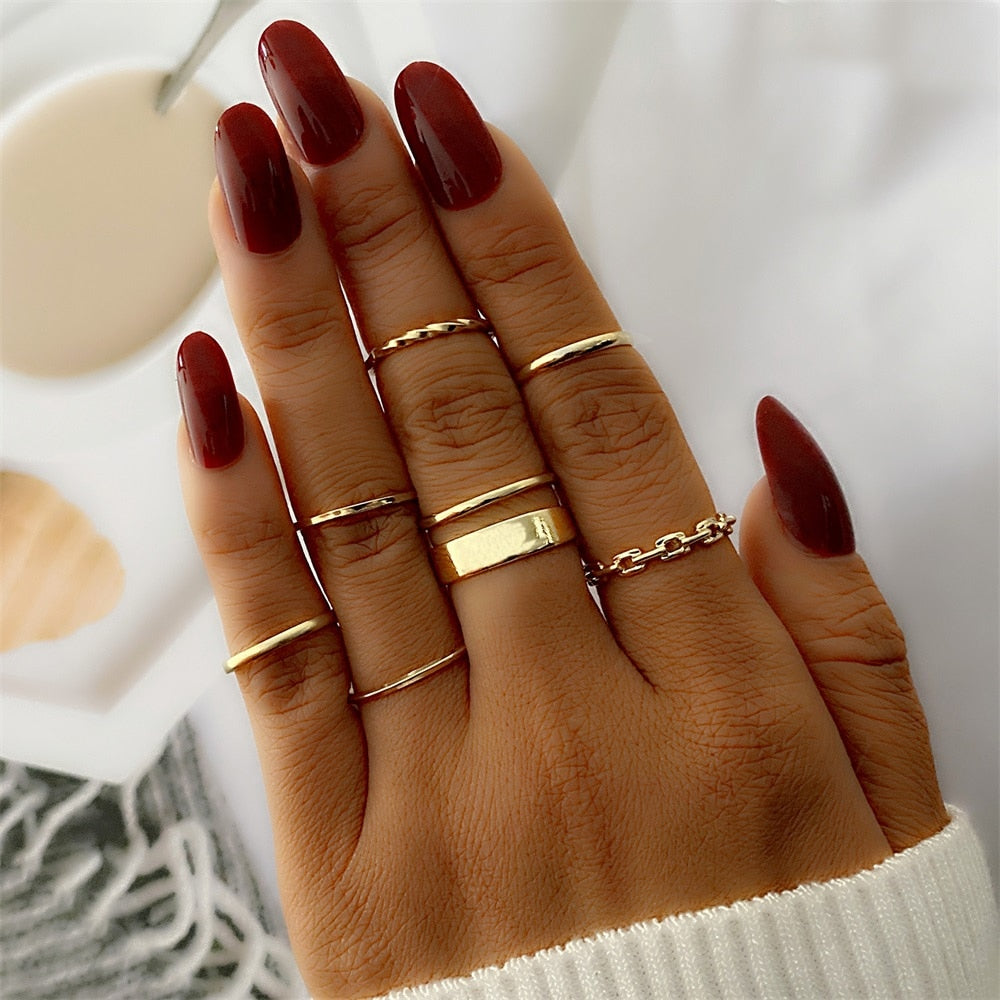 FNIO Bohemian Gold Color Chain Rings Set