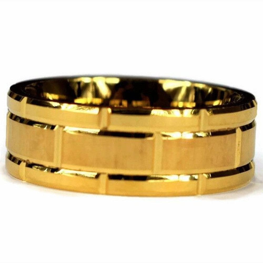 Simple Tungsten Carbide Gold Color Grooved Men Ring