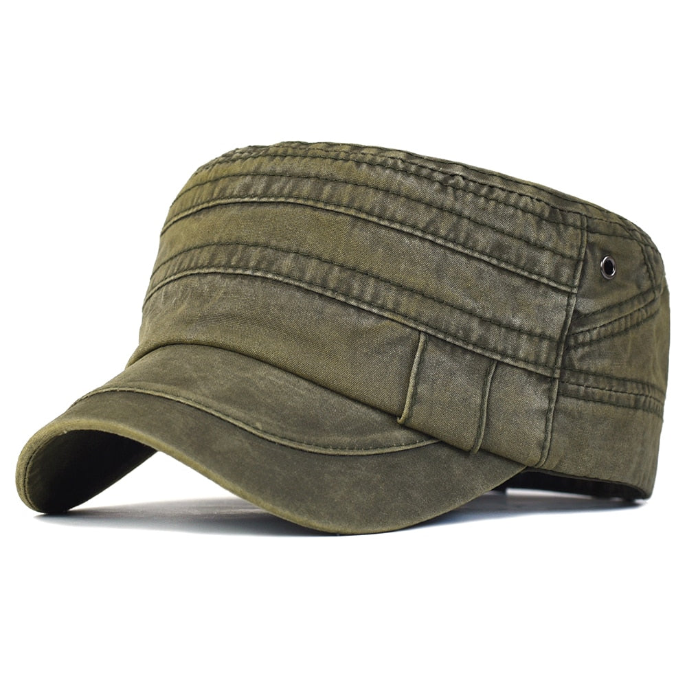 Washed Cotton Military Caps Men Cadet Army Cap Unique Design Vintage Flat Top Hat