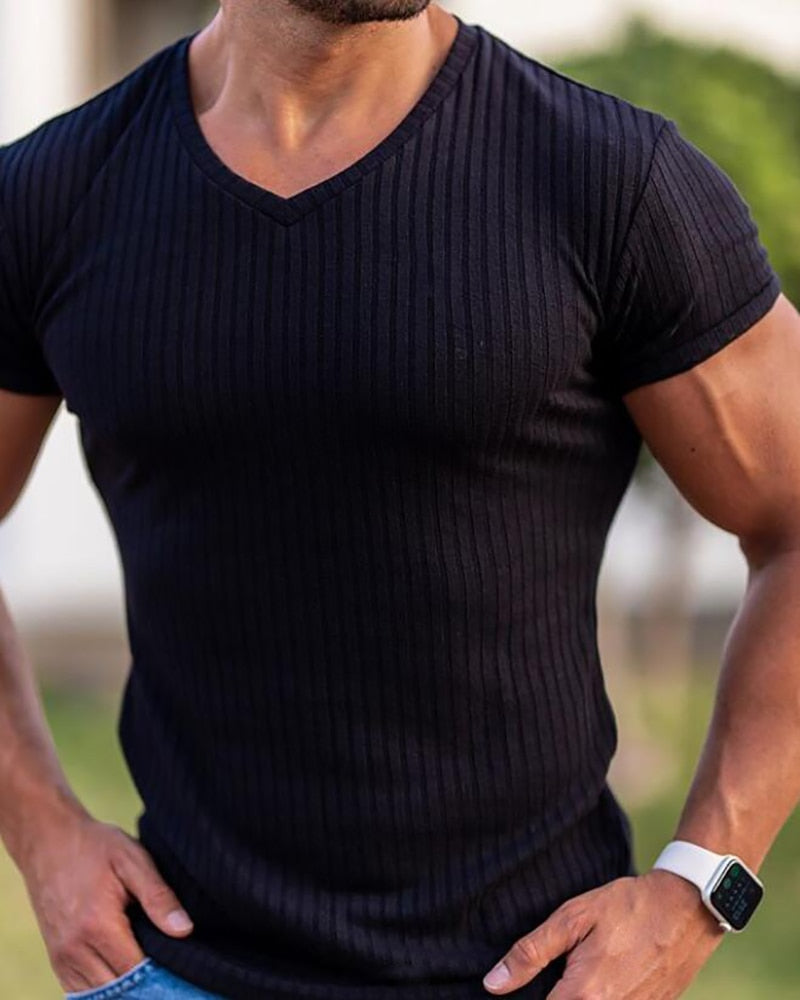 Men V Neck Short Sleeve T Shirt Fitness Slim Fit Sports Strips T-shirt