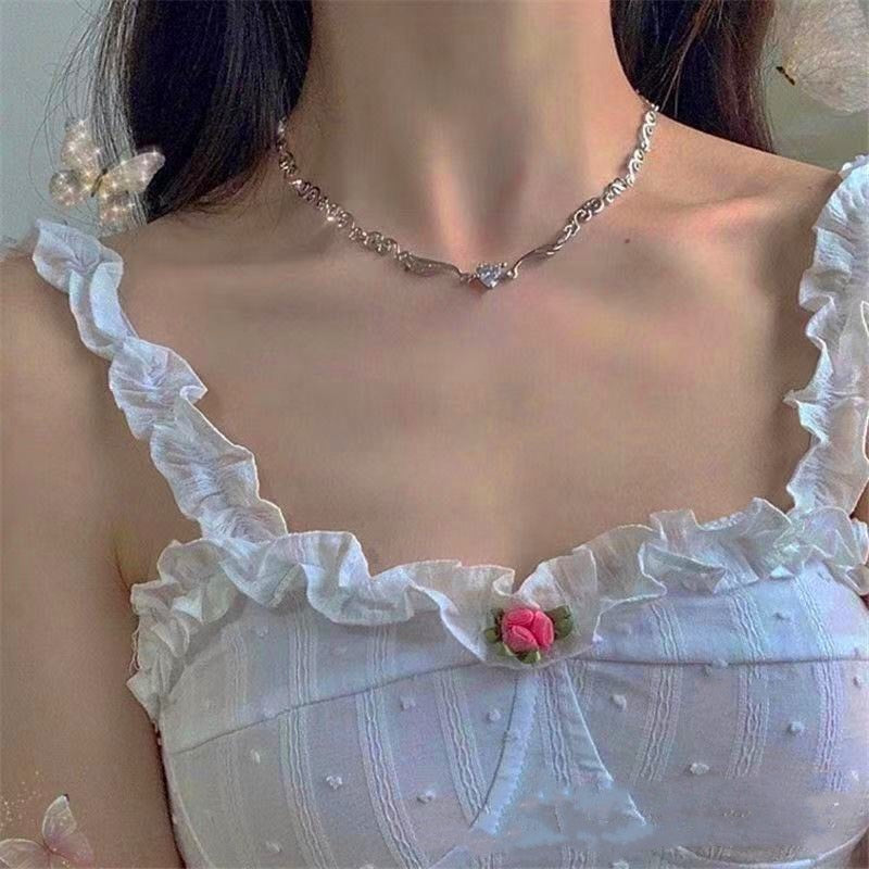 Silver Color Irregualr Love Heart Crystal Choker Necklace