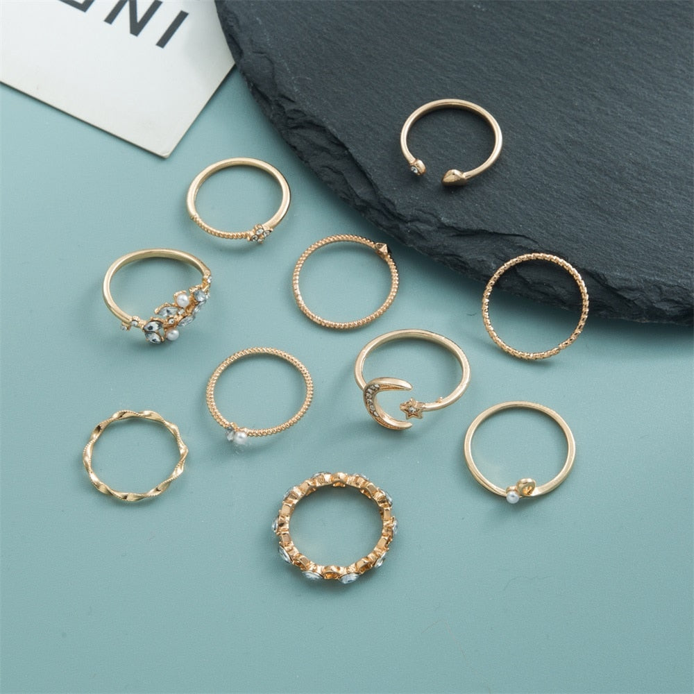 FNIO Bohemian Gold Color Chain Rings Set