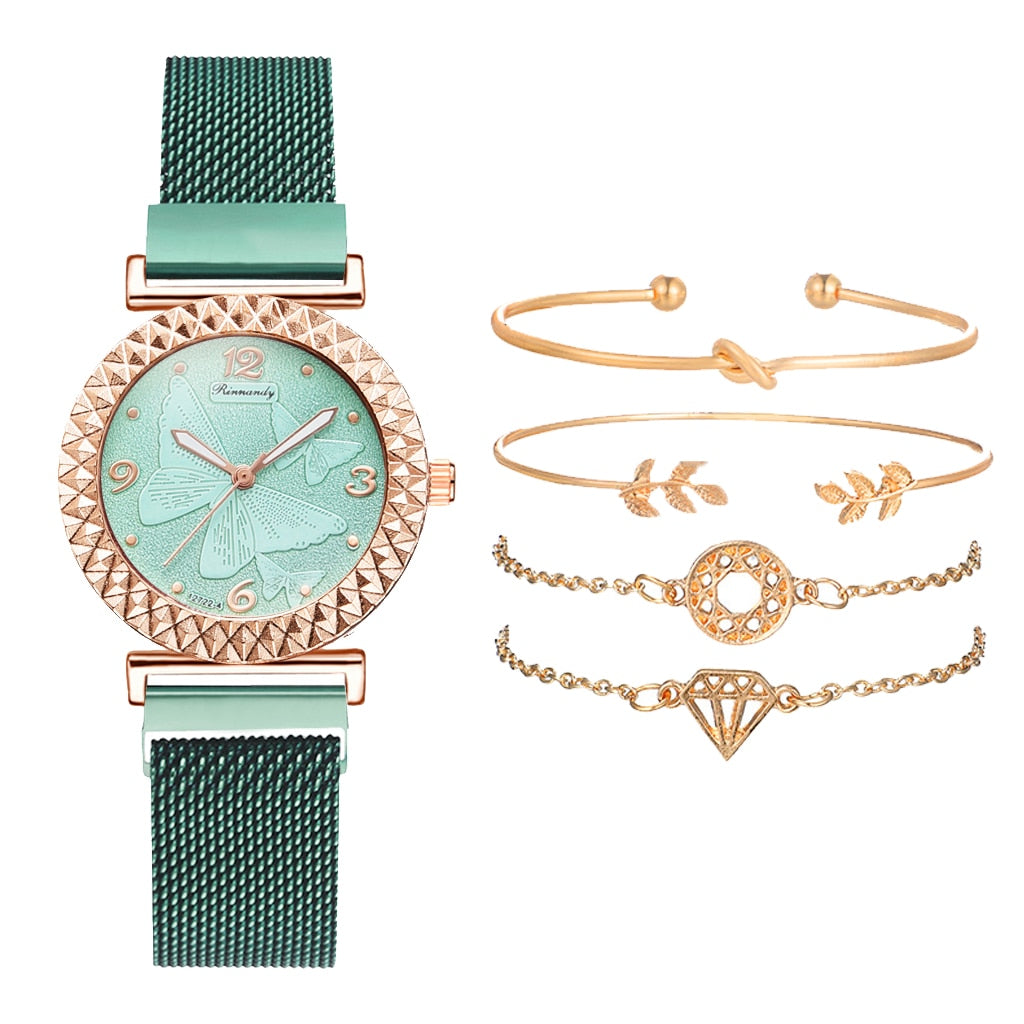 5PCS Women Set Luxury Rose Gold Dress Quartz Watch Bracelet