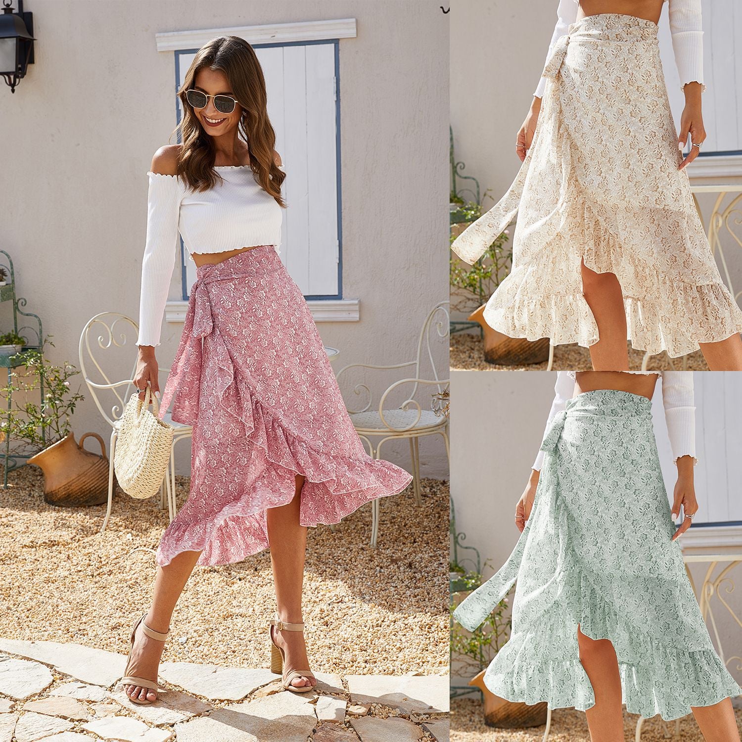 HUAYASX Long Skirts Irregular Floral Chiffon Skirt Women&#39;s Skirt Chiffon Ruffled Irregular Women Clothingd Flower Leaf Pattern