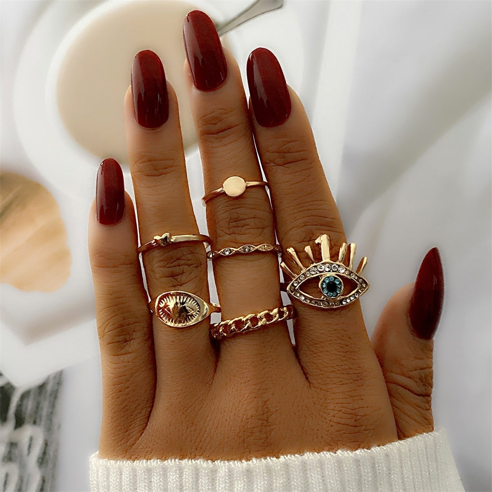 FNIO Bohemian Gold Color Chain Rings Set