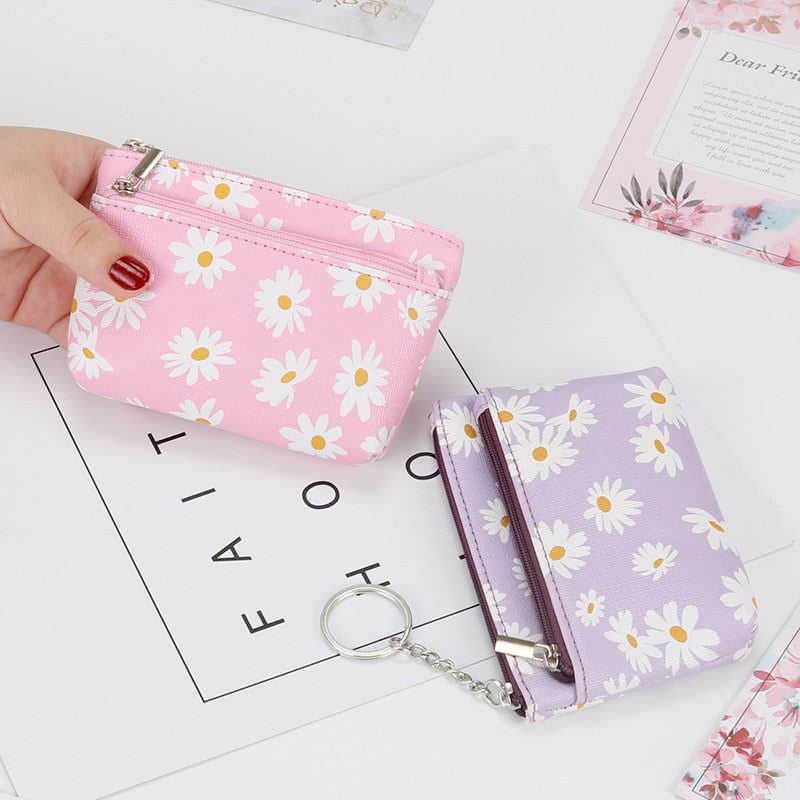 Daisy Print Coin Purse Women Mini Wallets Clutch With Zipper Keychain Small Coin Pouch Bag Female Pouch Key Card Holder Wallet