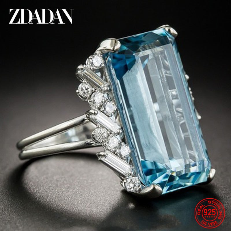 ZDADAN 925 Sterling Silver Charm Square Aquamarine Ring