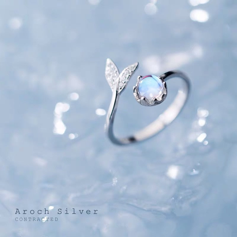 Real 925 Sterling Silver Cute tail moonstone Adjustable Ring