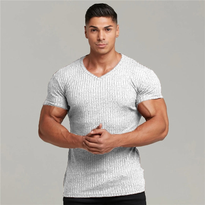 Men V Neck Short Sleeve T Shirt Fitness Slim Fit Sports Strips T-shirt