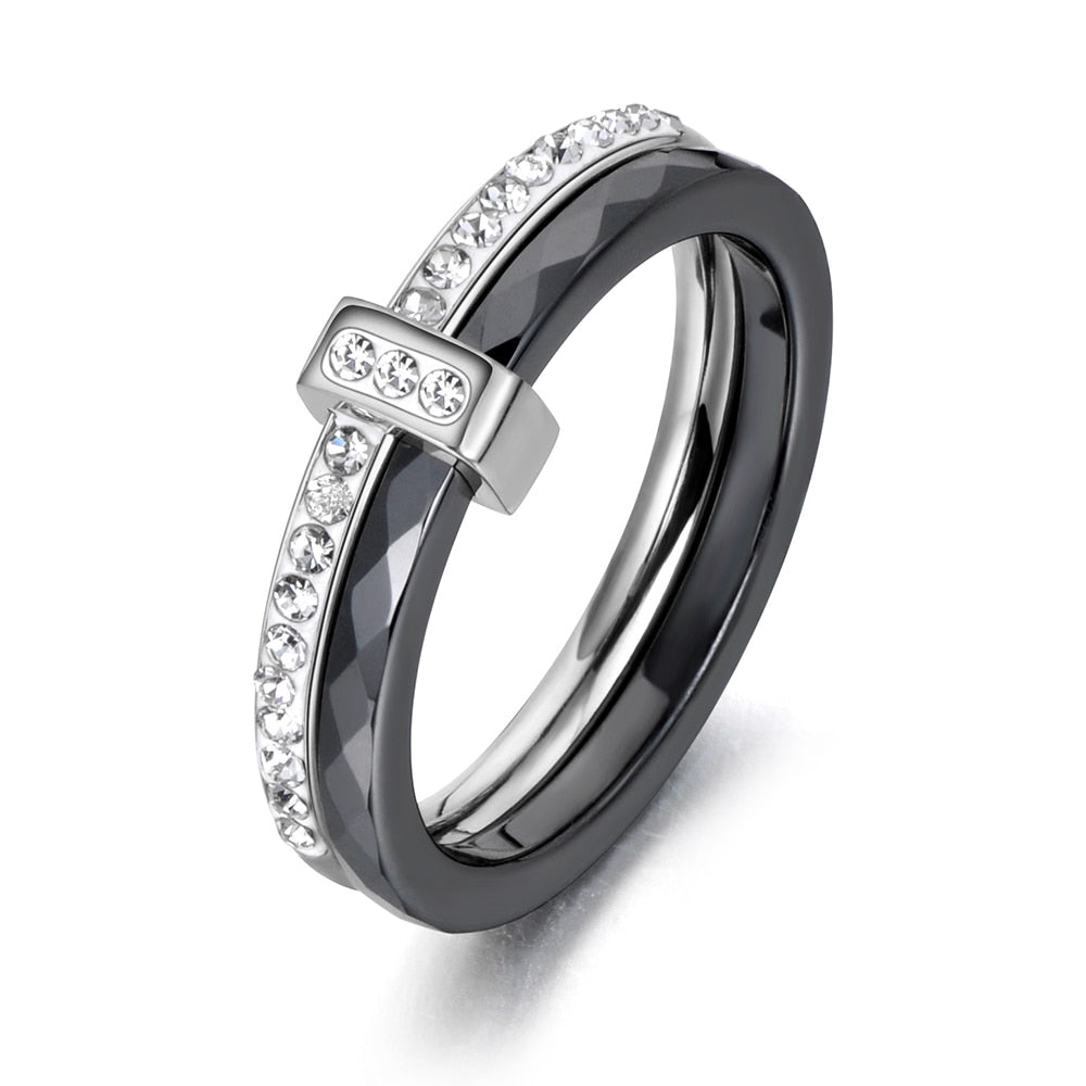 Black/White Ceramic Crystal Stainless Steel Wedding Ring