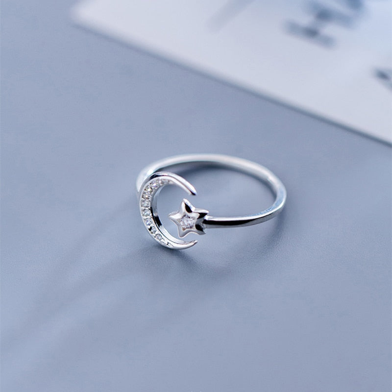 Real 925 Sterling Silver Minimalist Zircon Moon Star Opening Ring