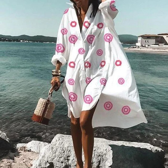 Summer Women Dresses Turn-down Collar Print Casual Long Sleeve Shirt Dress Oversized Loose Beach